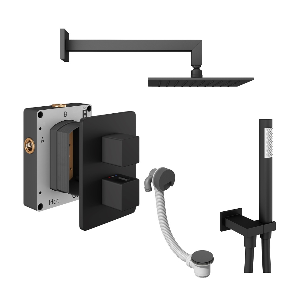 Product Cut out image of the Abacus Square Matt Black 3 Outlet Shower Pack with Bath Filler & Handset